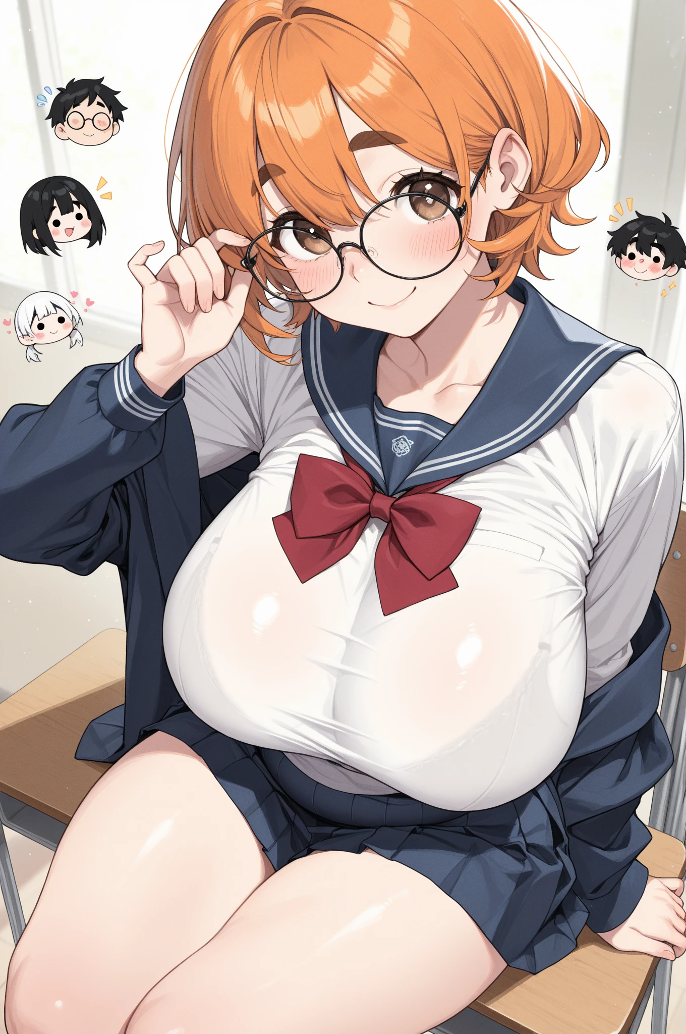 master-piece, bestquality, 1girls,16 years old, View viewers from the up, sit down, leaning forward, horny, HD, slight smile, big tits, cleavage, short orange hair, tights cloth, crop top, miniskirt, heart shape pupille, horns, tiny body, wear glasses, paizuri invitation, no bra