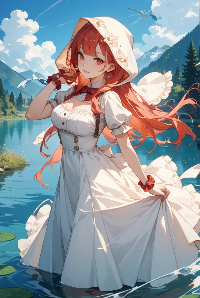 there is a woman in a dress and hat standing in a field, cushart krenz key art feminine, cyarine, goddess of summer, made with anime painter studio, red haired goddess, digital art of an elegant, painted in anime painter studio, the goddess of summer, beautiful full body concept art, the non-binary deity of spring
