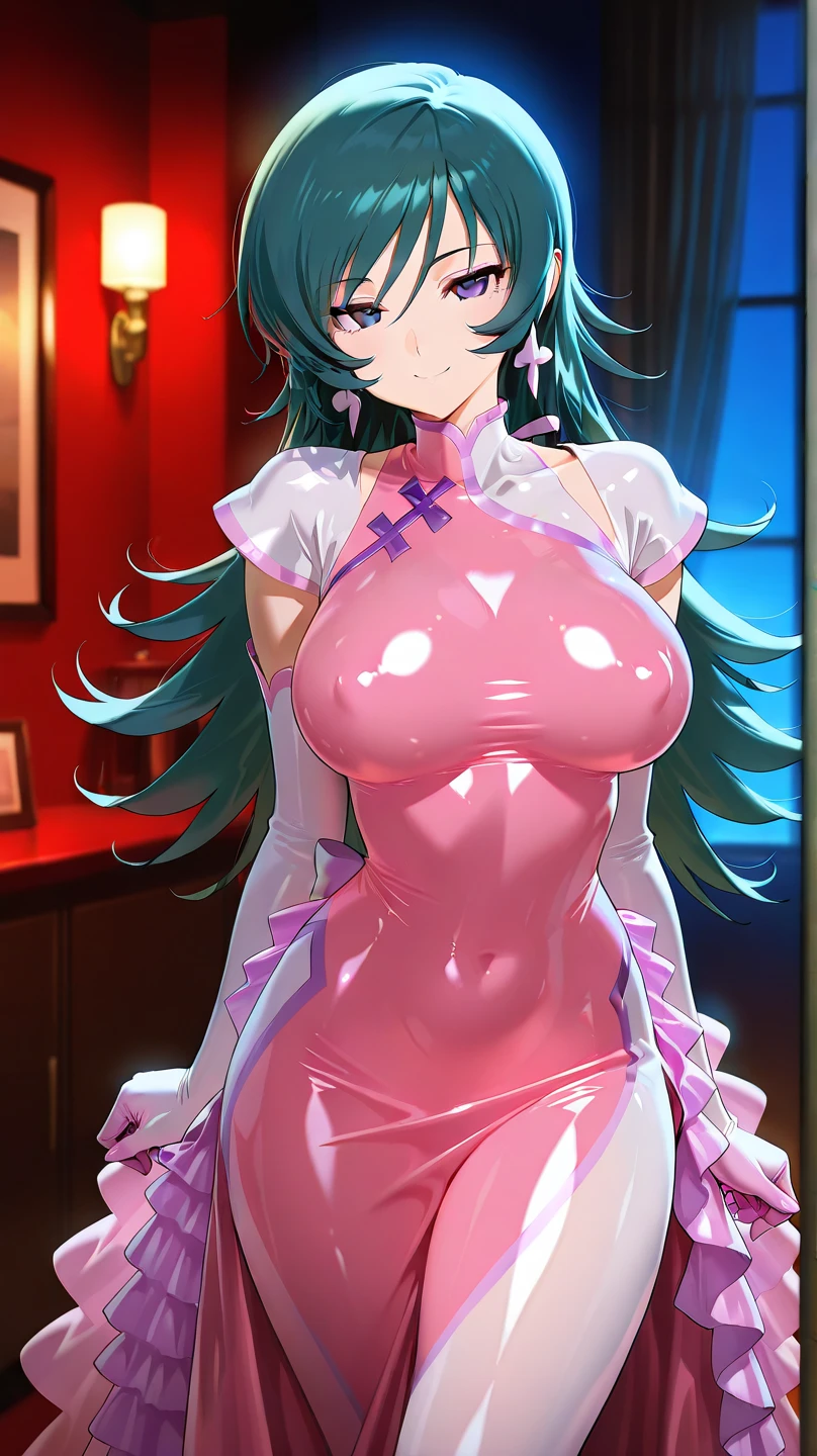 masterpiece, best quality, 1lady,seductive smile,pink eyes,hollow eyes,large breasts,glamour body,black long hair, (finely detailed beautiful eyes and detailed face),pink leotard,latex costume,military coat,military hat,cinematic lighting,sexy pose,extremely detailed CG unity 8k wallpaper,solo,(enamel leotard:0.3),