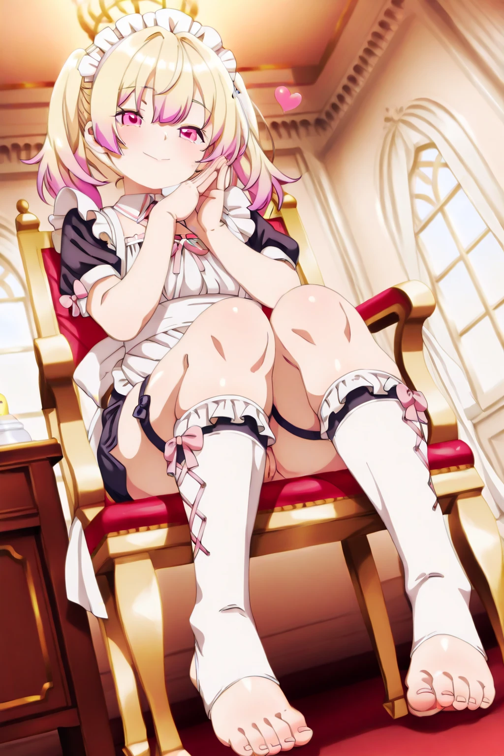 A woman sits in a chair,Legs crossed, small curvaceous loli, Splash art anime Loli, anime visual of a cute girl, loli in dress, cute anime waifu in a nice dress, anime girl in a maid costume, small loli girl, the anime girl is crouching, anime best girl, Cute anime girl, Best Rated on pixiv,A look of disgust,The mouth pouted unhappily,gritting teeth,Very shy expression,Angry,His face was flushed,An incredibly surprised expression,There is a drop of sweat next to the cheek,Wet on the feet