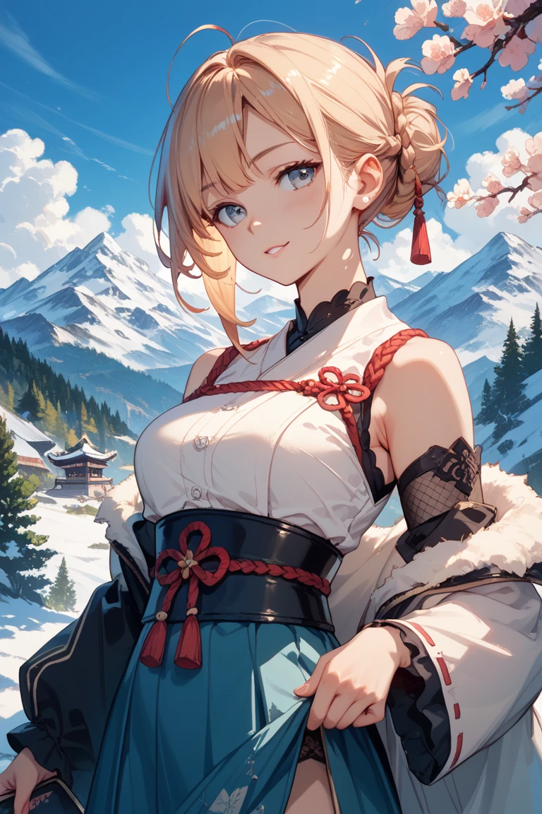 A beautiful woman with light hair, flowers, snow-capped mountains, summer