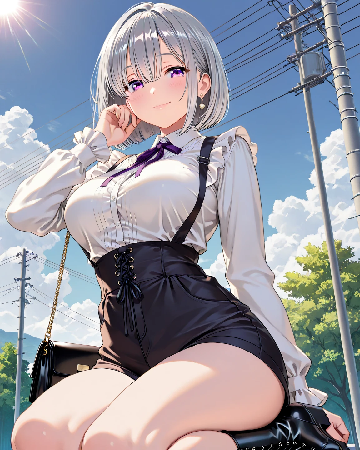1girl, breasts, solo, smile, eyepatch, cleavage, shorts, short hair, hair ornament, looking at viewer, belt, large breasts, jacket, black shorts, black jacket, long sleeves, white hair, earrings, bangs, shirt, x hair ornament, blue eyes, short shorts, jewelry, cowboy shot, leather, grin, white shirt, detached collar, ribbon, neck ribbon, parted lips, blush, standing, brown belt, collared shirt, building, red ribbon, arms at sides, hairclip, outdoors, thighs, open clothes, navel, blunt bangs, wing collar, open jacket, city, partially unbuttoned, castle, day, leather jacket, teeth, dress shirt, grey hair, one eye covered, buckle, shiny, sky, grey eyes, midriff, ear piercing, belt buckle, leather belt, cityscape, piercing, buttons, collar, bob cut, medium breasts, midriff peek, cloud, tower, shiny clothes, sidelocks, shadow, medium hair, lips, unbuttoned, railing, hair intakes, open mouth, collarbone, blue sky, black belt, skyline, zipper, shiny hair, indoors, cropped jacket, bow, hair over one eye, shiny skin, window, cuffs, no bra, wrist cuffs, latex, skyscraper, arm at side, chain, center opening, skirt, open shirt, thighhighs, cloudy sky, :d, nail polish, hair behind ear, white collar, micro shorts, mole, blazer, partially unzipped, blurry, architecture, blurry background, town, clock tower, black thighhighs, virtual youtuber, hairpin, arch, sunlight, fingernails, zipper pull tab, corset, balcony, sleeve cuffs, stud earrings, red bow, leather pants, pink lips, bowtie, necktie