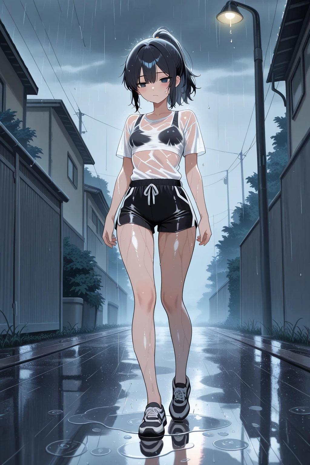 masterpiece,(Perfect Anatomy:1.5),from the front,(1 Female,alone),Cowboy Shot,20 year old beauty,((Soaking wet:1.5,Sweat:1.5)),((Wearing sports shorts:1.5、I can see my belly button:1.5,barefoot)),((Sporting goods))、Black Hair,Short Bob Hair,Laughter、vapor,(Small head:1.2,skinny:1.4,Slender body,Medium chest),((Glowing Skin,Oily skin,Glowing Skin)),((Are standing,Spread your legs:1.3、Put your hands behind your back))、training、playground、Outdoor,army base,