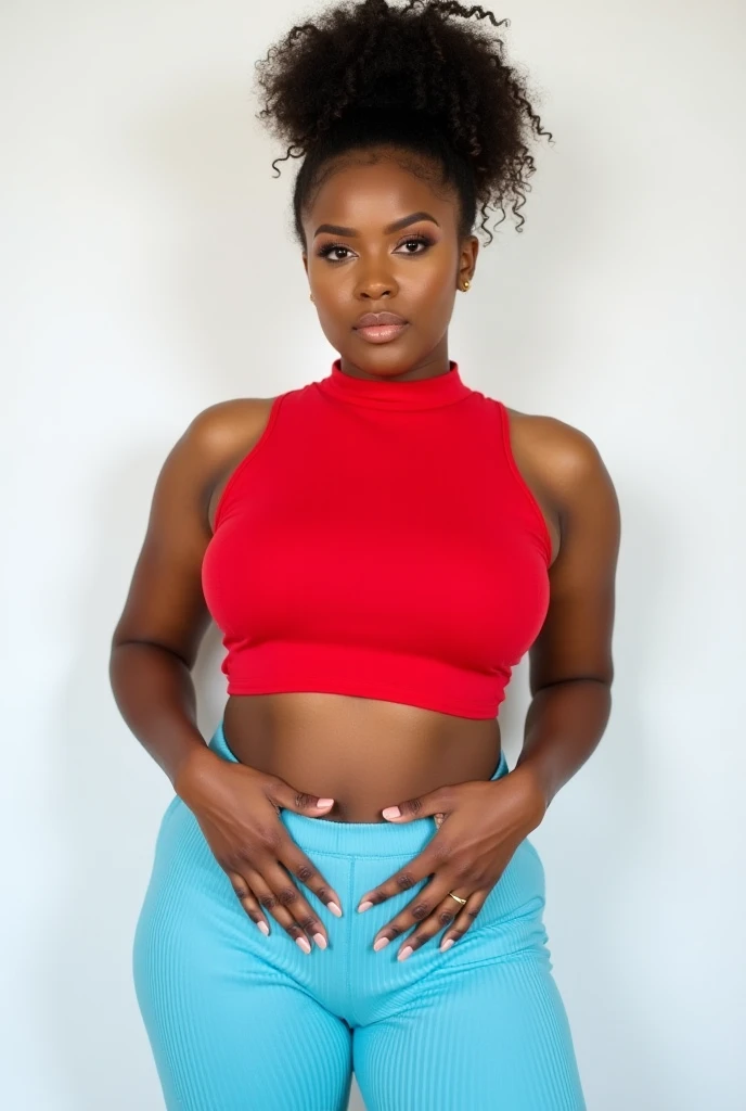 photo de portrait de femme sexy dans un , (Femme africaine, Les cheveux cours et noirs, Athletic body, taille de poitrine moyenne, yeux marrons, Skin beauty: 1.3), sourire, (chef-d'artwork, best quality, intricate details, very detailed:1.2), close-up photo of a mature woman, (peau sombre: 1.5), (Pantalon rouge:1.2), cuisses, (T-shirt1.2), clivage, sagging breast, Taille fine, look at the camera, Bokeh