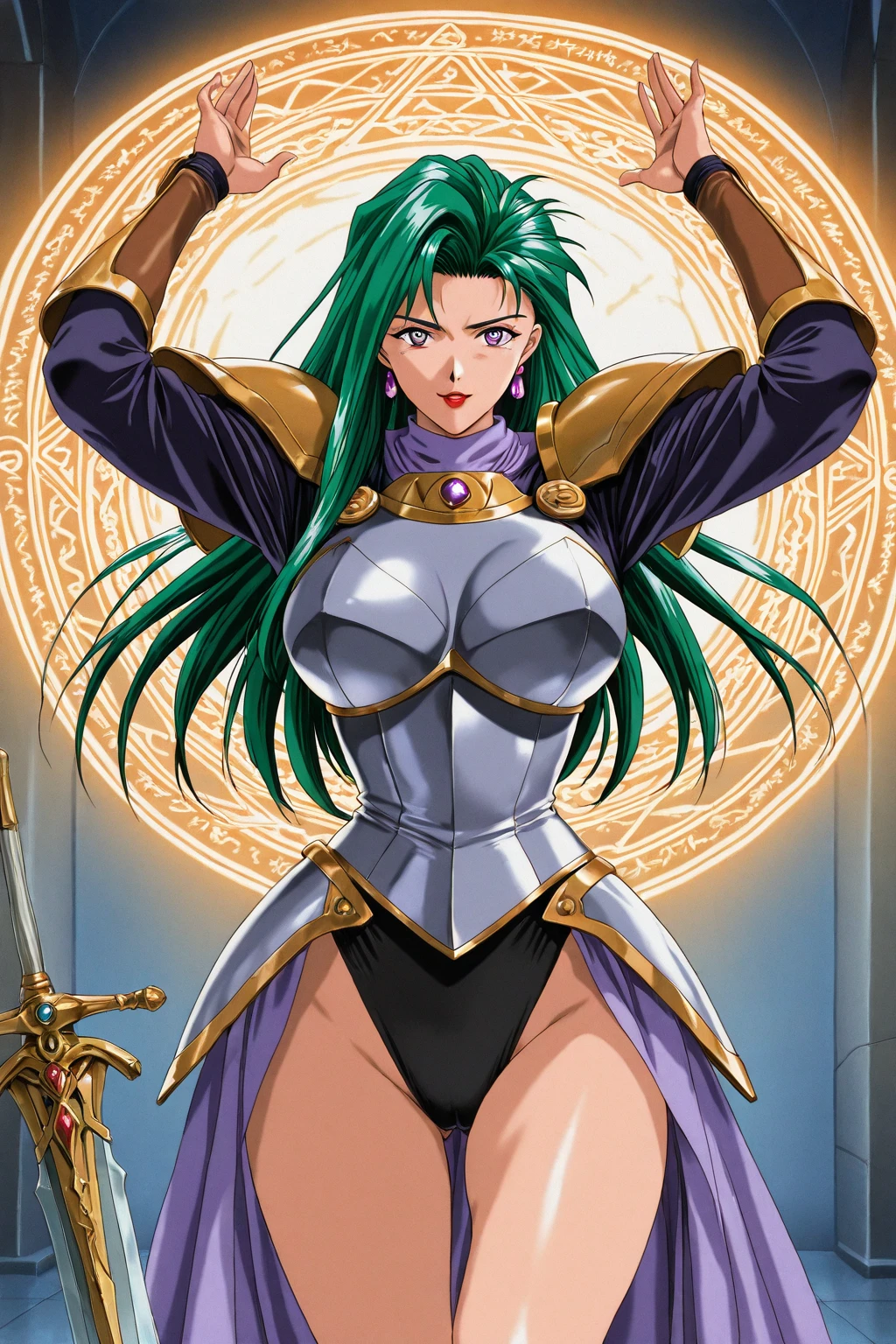 "(masterpiece:1.1), best quality,
1girl, (80s anime style:1.4), (eyelashes:1.5),
(intricate high detailed body:1.2),
silver hair,
(bangs:1.1), (long hair, wavy hair:1.1), (headband:1.2),
green eyes, (thick eyebrows:1.1),
(curvy body:1.2), (large breasts:1.1),
calm,
(golden embroidery leotard armor:1.2),
(belts:1.1), (ahoge:1.2), necklace,
standing, claw pose,
(cowboy shot:1.1),
(grassland, outdoors:1.2)"