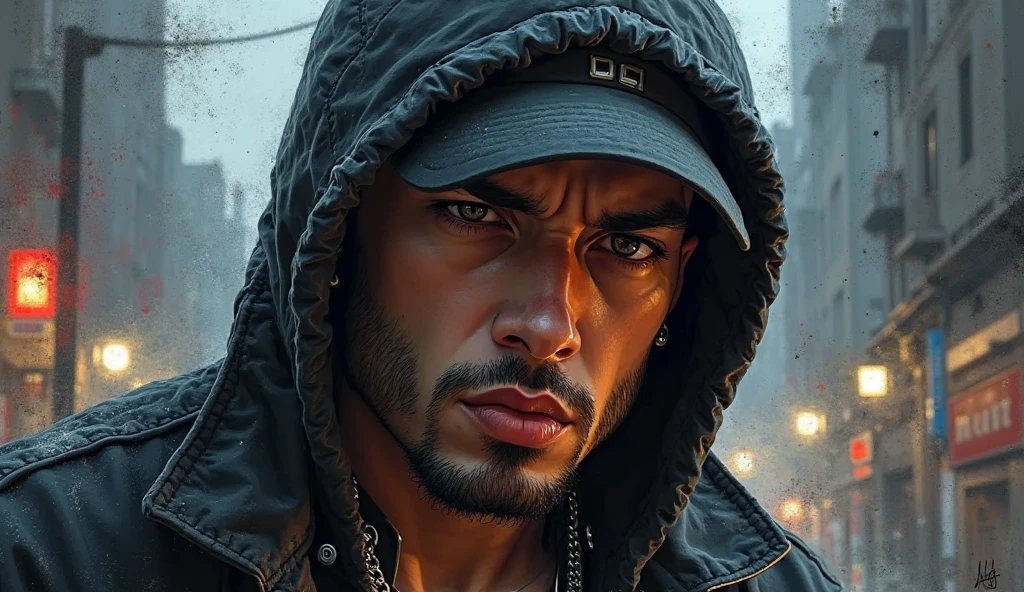 arafed man in a leather jacket and hat standing in front of a graffiti wall, highly detailed vfx portrait, detailed portrait shot, highly detailed vfx portrait of, matte painting portrait shot, cinematic portrait, fierce expression 4k, cinematic realistic portrait, menacing look, smug look, avan jogia angel, aggressive look, cool face, with a cool pose, remove glasses
