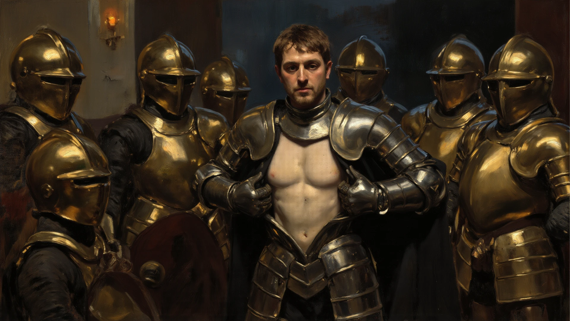 Illustration in Leyendecker style: Handsome shirtless squire, 16 years old, muscular blond, hairy chest, wearing half-removed armor, He fucks a young girl in the ass, deflowering her.