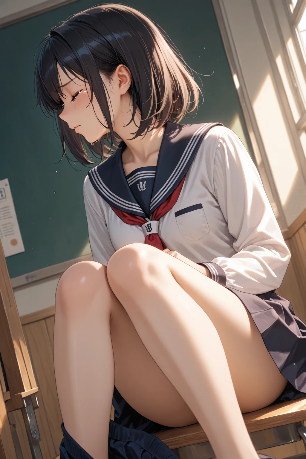 (((alone))),(((1 Girl))),  beautiful, figure, Highly detailed skin, masterpiece, Highest quality, Highly detailed face, Vibrant colors, Depth of written boundary, Cinema Lighting,, One girl, alone, Brown eyes, Brown Hair, hair ornaments,short hair,Green Check Skirt,blush, White shirt, Yellow sweater vest,masterpiece Highest quality 高解像度、Anna Tanaka ,  Sit with your knees bent、eight-headed body、Beautiful feet 、On campus、As if looking up from below、Embarrassing,Browsing Caution,White panties,Camel Toe
