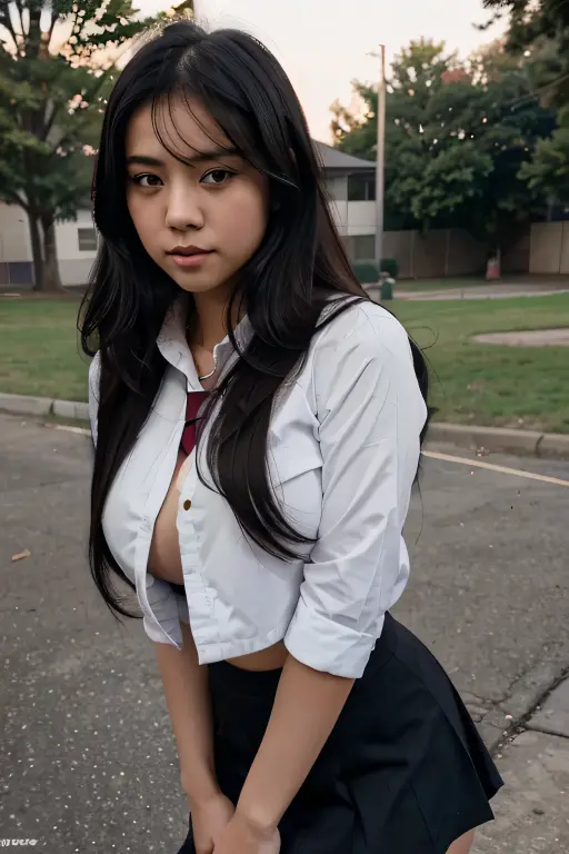 busty asian High school girl on the school yarD LOOKING AT A BOY SHE LIKES TALK TO ANOTHER GIRL. Cinematic lighting and the girl is beautlful with black hair, is shapely , busty with slim waist in school girl uniform