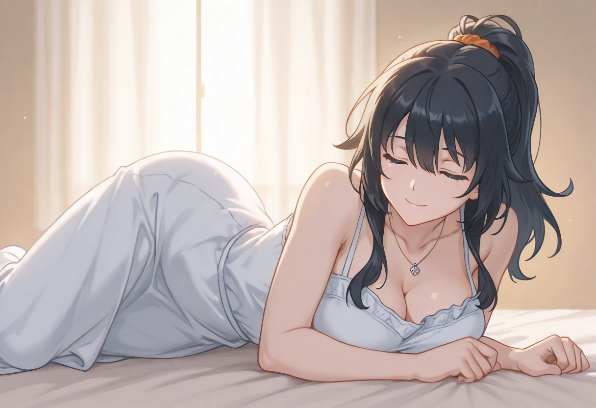 Sexy woman, black hair tied in a bun, seductive gaze, blushing intensely, parted lips, flustered, lustful, fairest skin, soft lips, medium chest, cleavage, white dress, bare shoulders