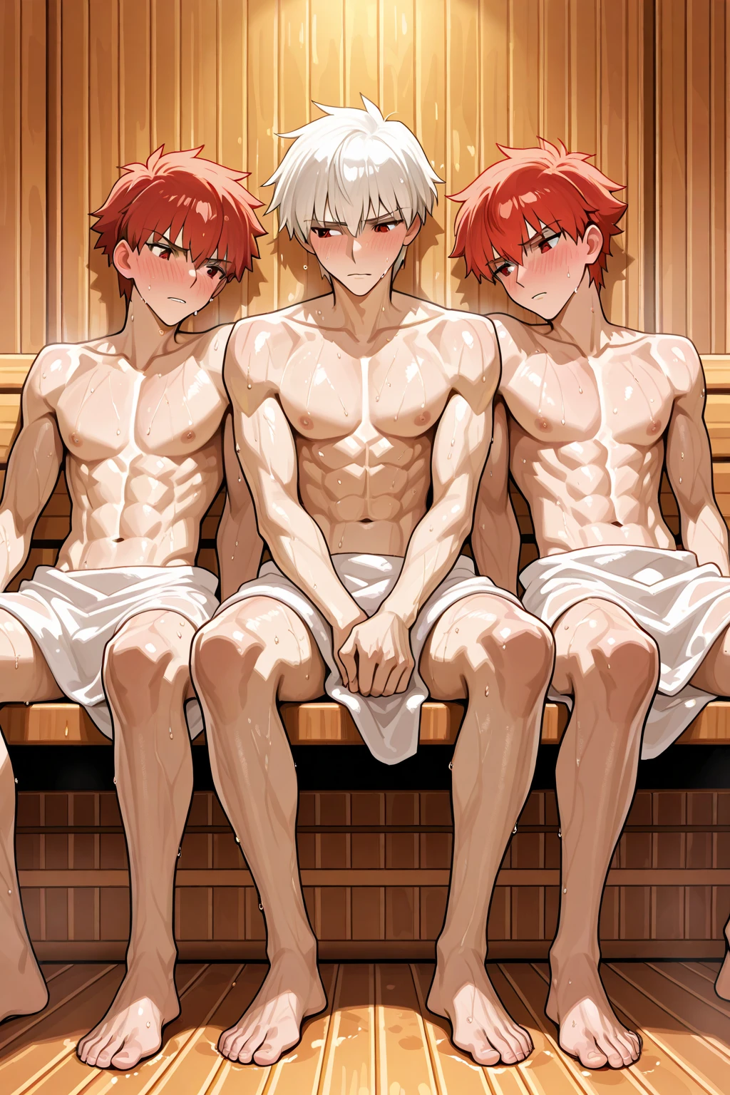 3boys, full body, male focus, muscular male, best quality, amazing quality, best aesthetic, absurdres, in a sitting on a chair, gay couple, official style, year 2023, game cg, looking at viewer, happy, looking at viewer, together on picture, yaoi, gay couple, emphasizing the extraordinary size of pregnant belly, pregnant belly, wet with milk dripping, (bakugou katsuki), Eijiro Kirishima red riot, ,Tenya Ida, boku no hero academia, chained up on the wall, arms chained up on the wall, nipples, arms back of head, wearing black underwear, grin.
