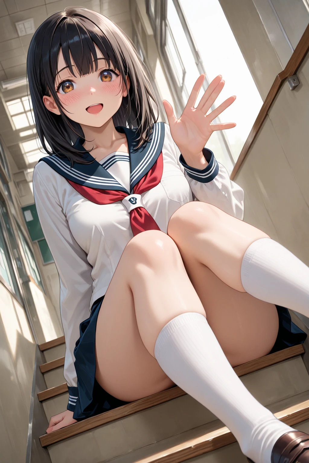 (realistic, photo realistic:1.2), ((highest quality)), move the center of gravity backwards, pretty embarrassing, white panties, (show panties:1.4),Tight Skirt, (Panty shot:1.3), (pull up the skirt:1.3), (squat:1.4), put the heel on the ground, spread your legs a little, squat with your knees up, Attach your ass to the ground, black penny loafers, beautiful face details, real human skin, gentle expression, Front view, angle from below, realistic, photorealistic, cute, short skirt, squat deep on school grounds, cute school girl, Japanese high school girl uniform, sailor suit, whole body,Smile, natural smile, charming smile, enchanting smile, (looking at the viewer:1.2), From before, from below,