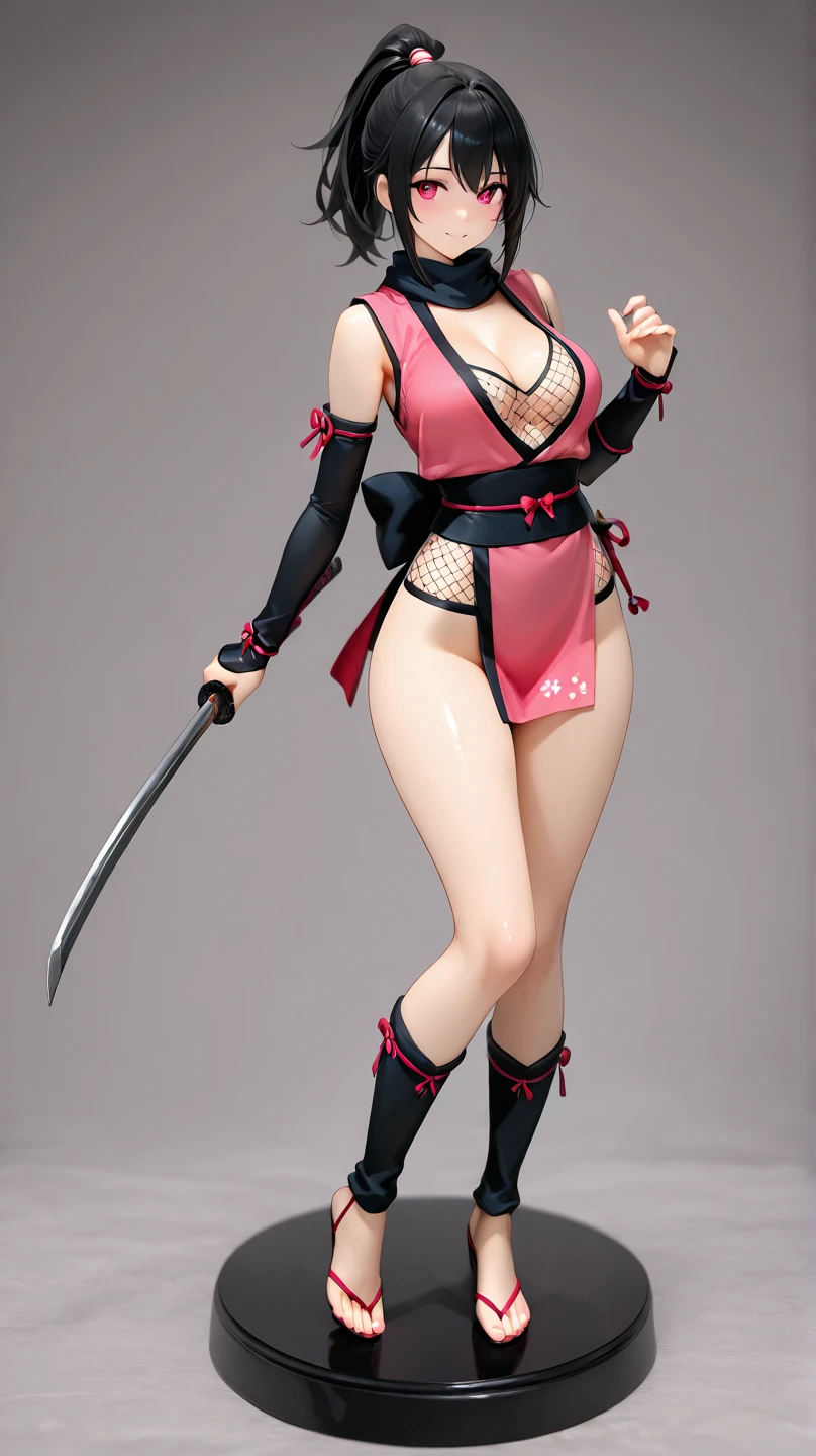 Girl,solo,realistic,8k,highres,perfect face,perfect eyes,perfect body,ultra detailed face,short hair, blue eyes,looking at viewer,large breasts,cleavage,closed mouth, full body nude, standing wihout clhotes,hold katana sword, use high heels, blur background 