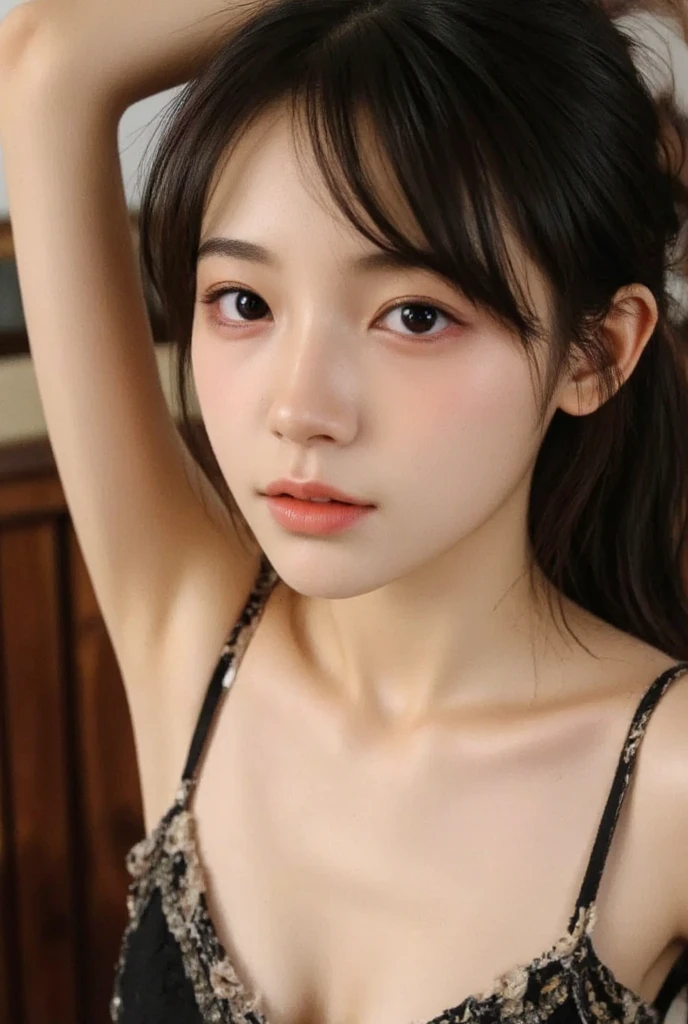 8 thousand, top quality, intricate details, ultra detail, ultra high resolution, black hair,masterpiece,(Yinchuan,:1.5),an incredible delicacy,The face is very delicate, masterpiece, top quality, original photo, realistic, big bust、A beautiful and flawless face, Soft Smile、16 year old girl、depth of field, highest resolution, very detailed, in detail, very detailed, very detailed 눈과 얼굴, sharp pupils,upper body, dirty armpits, pink textured armpits, dirty armpits 자랑, korean, nude