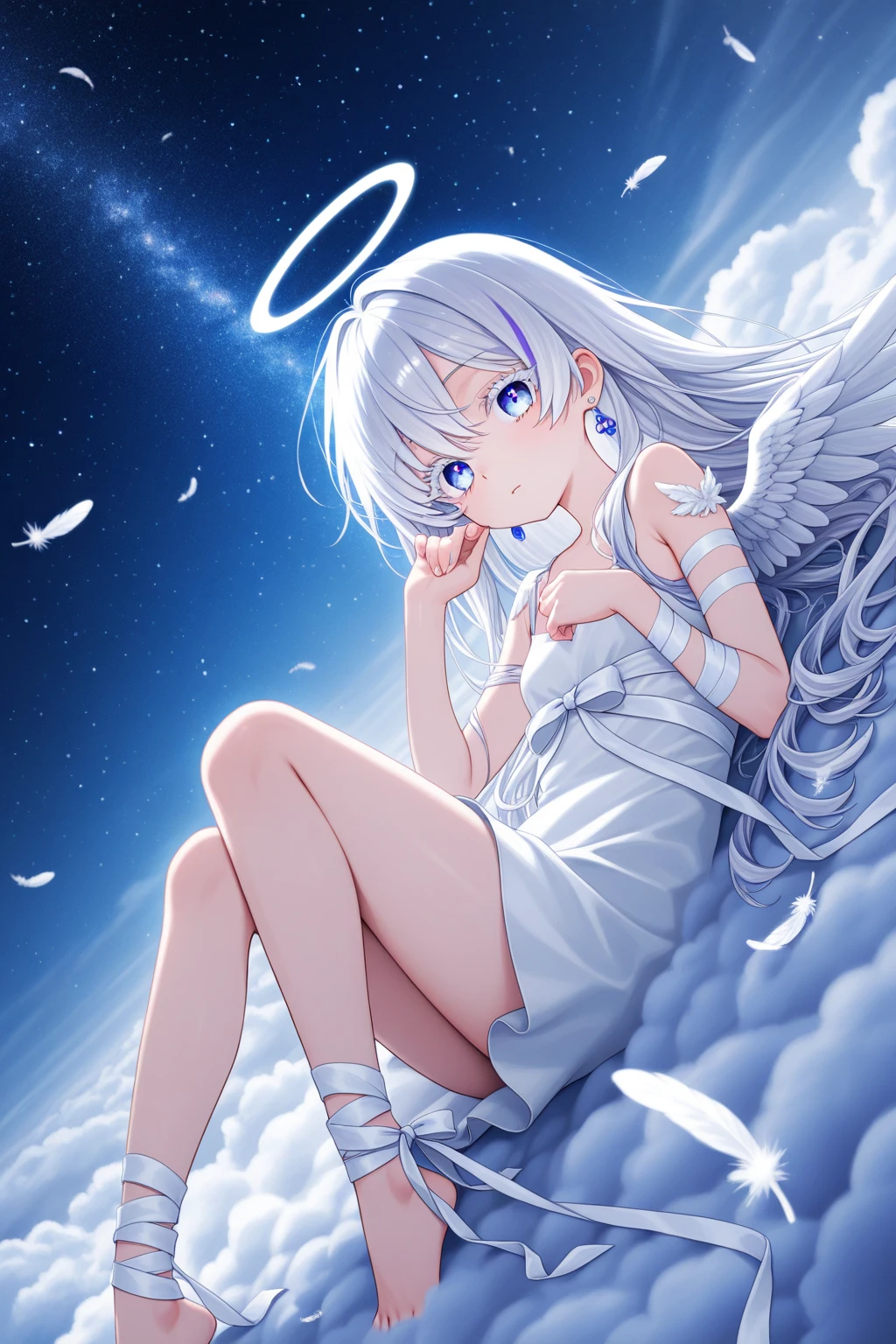 anime style about a woman sitting on the floor with her head resting on her knees (with his forehead touching both knees) in a tidy apartment at night (Let the clear, blue moonlight come through the window) and that this woman has white wings like those of an angel, very wide and that emit a soft white light