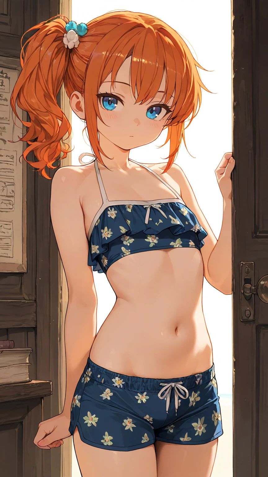 gonzarez, masterpiece, , 1girl, solo, , green eyes, orange hair , side ponytail, pants, bra , medium , chest, sexy
