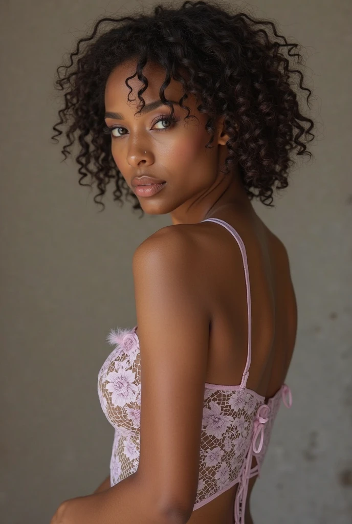 Create an image of girl with big bobbs wearing a bra