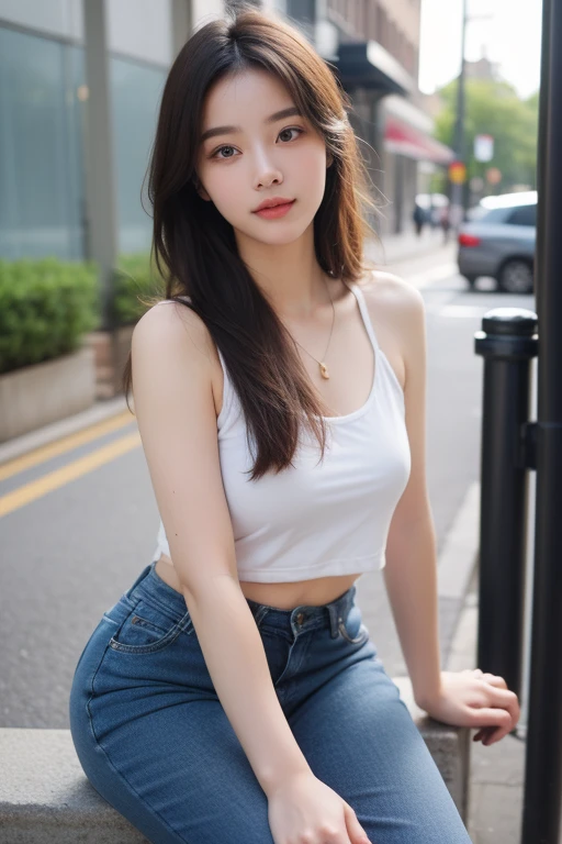((((top-quality))))、(((Ultra Precision CG16K Wallpapers)))、(((​masterpiece)))、(((ultra-detailliert)))、(((Ultra-extreme details)))、１Man Woman、a matural female、An 18-year-old woman、((Japanese face))、((extremely beautiful face))、((sasaki nozomi:1.5))、((Wave Perm、semi long hair:1.3))、(shinny hair)、Bangs up to the eyebrows、Beautiful brown hair、Beautiful delicate eyes、Brown eyes、raised eyebrows、lofty nose、small nostrils、small mouth、seductive lips、slightly open mouth、Beautiful breasts、C-cup size breasts、cleavage of the breast、Plump body、perfectly proportions、perfect anatomia、perfect-composition、beautiful detailed shading、Beautiful natural lighting、Beautiful detail glow、depth of fields、(((a high chroma)))、(((realisitic:1.9)))、((Vivid:1.4))、((Beautiful skin))、((Skin texture))、((Realistic skin feeling))、(((Head-to-thigh shot:1.5)))、((Frontal angle:1.5))、((a smile:1.4))、(Eyes looking at me)、Bright sunshine、(((Walking in the park:1.3)))、(Blur the background)、(((T-shirt with horizontal stripes、Denim fabric shorts wearing:1.5)))、((Wearing a necklace))、((2 arms、2 legs:1.2))、