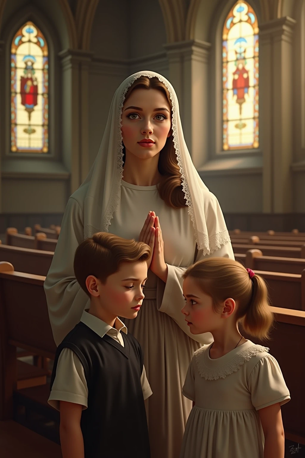 uma mulher de 25 anos, com roupas angelicais que cobrem todo o corpo, hands in prayer position, staring directly at camera