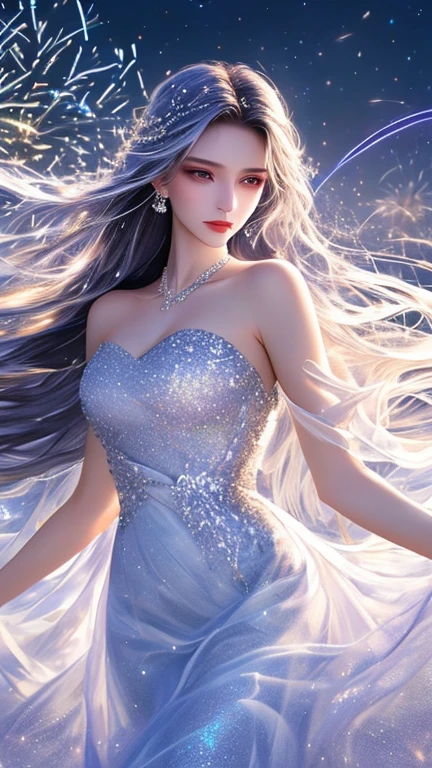 (Upper body photo:1.5)、dutch angle. wood, Exquisite mini ice spikes and crystals, A frozen waterfall in the background, Light reflected by ice crystals, Flowing snowflakes.1 girl、pretty girl,A realistic person,Beautiful cleavage,((small breasts)),Thin legs、Tight waist、standing, Long dress
