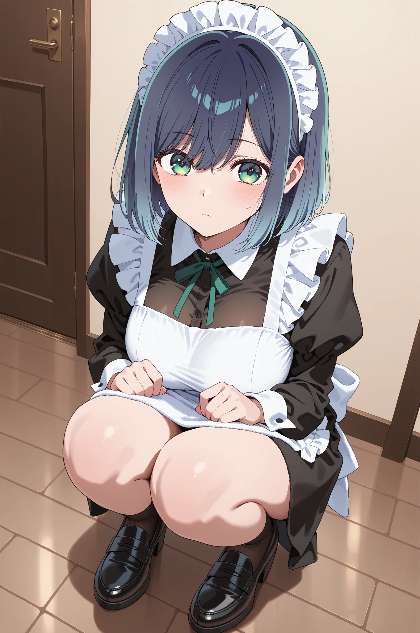 ​masterpiece, hightquality, 8K, beautiful  lighting, 1girl in, 独奏, Akane,  (one length bob:1.3),(darkblue hair:1.3), a smile, (maid clothes:1.2), （Maid Cross, Mini Swirl Skirt, Maid Bandana,）、((Black bow, black bowtie, Puffy Short Sleeves, , frills skirt:1.3)),, looking at the viewers, ,Big breasts emphasis、Naughty thighs、shiny oily skin with high contrast,Too large breasts, huge long breasts, Naughty big,爆乳、Bursting chest、huge-breasted、pointed breast、red blush、,(white  panties:1.3)、(Fully exposed panties:1.5)、(Squatting:1.3)、(black thighhighs:1.3)