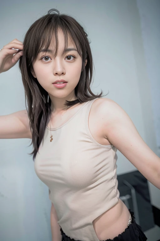 (8k、RAW Photos、highest quality、masterpiece:1.2)、(Realistic、Realistic)、1 girl、((Black Bikini、Frills、Large Breasts、View from the front、stage、Kneeling))、Lots of eyelashes、Glowing eyelids、skeletally correct