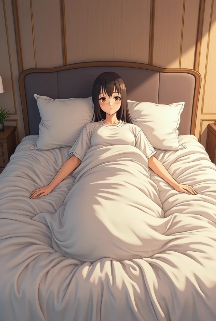 Sleeping girl，22 year old，realisticlying，She wore a long dress，Wearing pink pajamas，brown  hair，Pregnant，The hand caressed the belly，Need