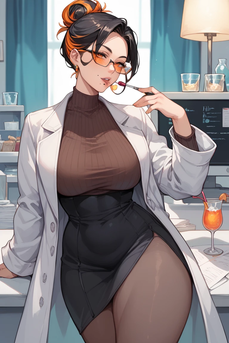 Black bob cut hair, purple eyes, adult female, pale skin, blush, smirk, muscular abs, covered abs, fit, big butt, wide hips, strong thighs, thick thighs, curvaceous, voluptuous white lab coat, laboratory, round glasses, full body fishnet, tight fit