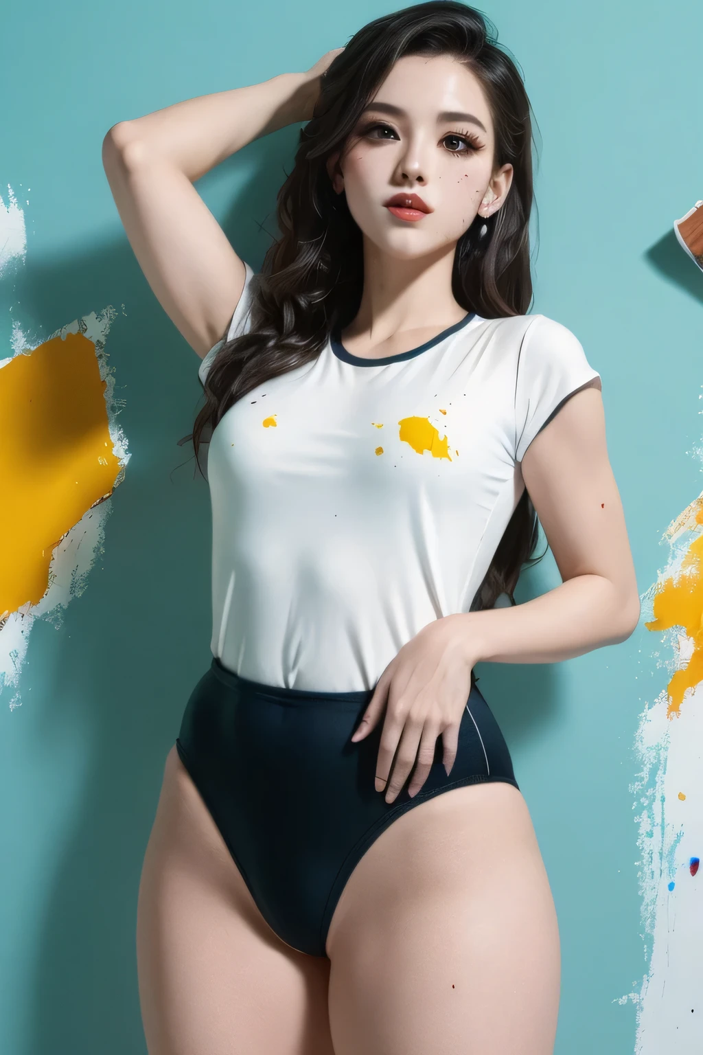 masterpiece,best quality,ultra-detailed,1girl,colorful,full body,paint splatter,wearing a Black gymnastics bloomers, High leg、white blouse, cowboy shot、