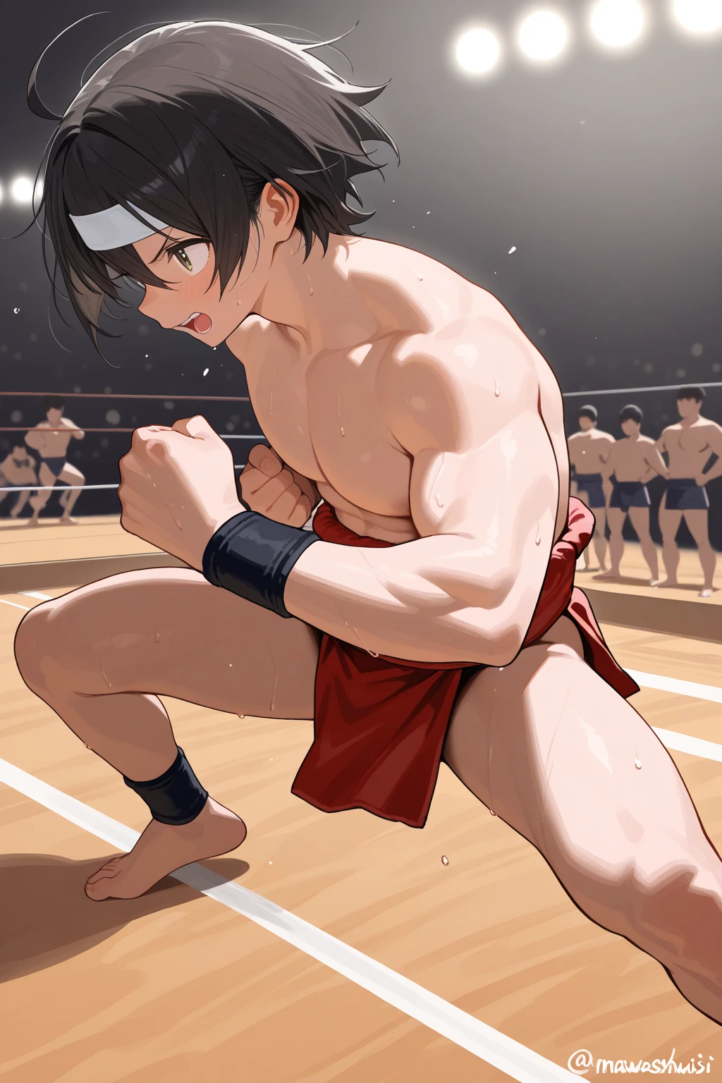 (Eine detaillierte Zeichnung von red mit roter basecap auf dem Kopf , Bodybuilding-Fitnessstudio.), With a naked torso, oiled body, Ripping clothes, the strongest of all, huge muscular body, big Bizeps, big shoulders, Muskelbeine,Abs, Barefoot, Kampfkunst, hoher Tritt, Full body image, seitliche Brust, Wrestling Kampf gewonnen , beserk 
