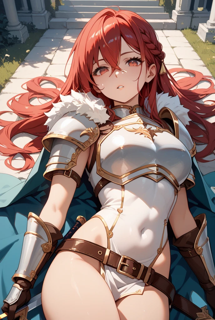 celica fe, 1girl, solo, looking at viewer, blush, sitting, wariza, on bed, seductive smile, cape, armor, dress, bare shoulders, thighhighs, tiara, gloves, pelvic curtain, leaning forward, cleavage, large breasts, thick thighs