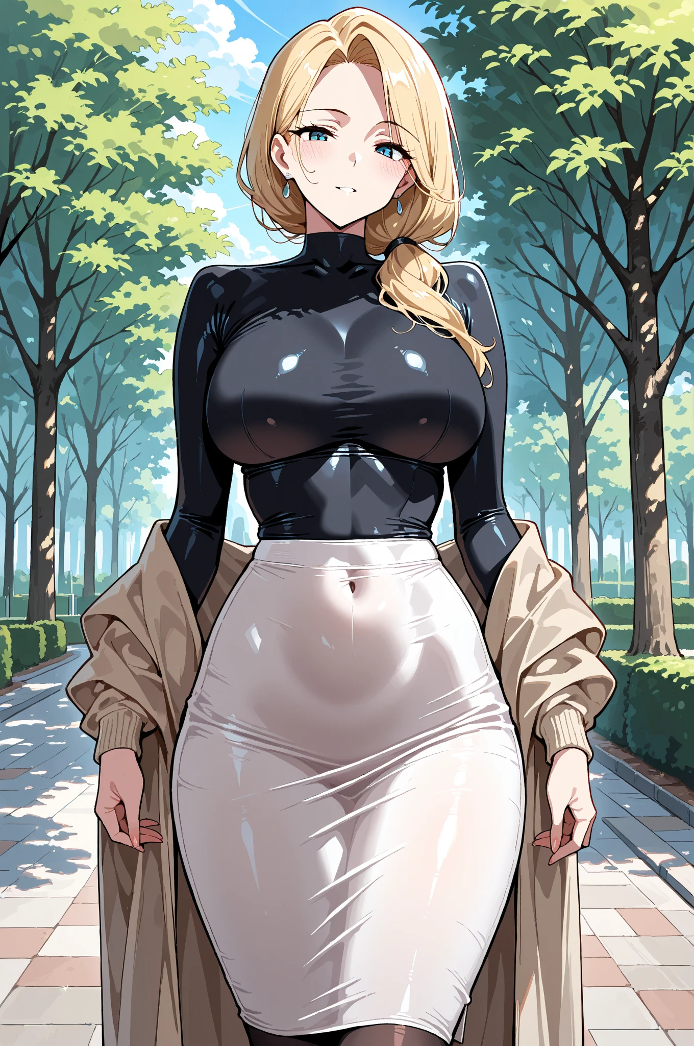 view from below, low angle, looking at viewer. Standing full length mature woman with big breasts, voluminous breasts, curvy breasts, fishnets, mujer madura de pie altura completa de Whole body entero BIMBO, Best Quality, Very detailed, ultra 8k resolution,huge chest, shelter, vest, portrait, Whole body, Victoria's clothing, long dress, gentleman, pants, black leather suit, medieval city, vest,Polo shirt, long skirt