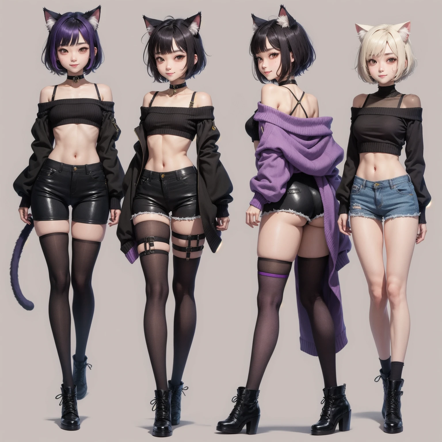 (Character design sheet, forehead, side, back, head), a girl, Turquoise blue hair, violet eyes, neko-girl style, striped t-shirt, short shorts, striped tights, cat ears and tail, comfortable slippers, kitten backpack, playful look, charming smile, slightly arched eyebrows, playful and energetic, cat lover, sweetness and kindness.