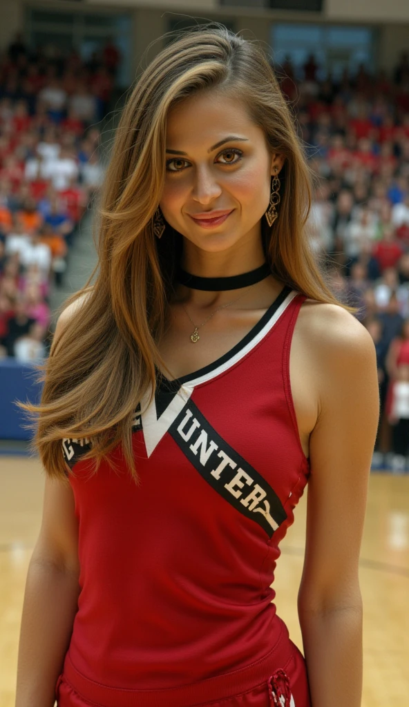 {Photorealistic, Highest Quality, Highest Resolution} 8K, of a gorgeous young 18-year-old woman. She is very tiny and petite. Lighting that enhances each subjects sensuality and allure.  She is in her high school gymnasium cheering at a basketball game. Incredibly sensual pose. She is wearing a high school cheerleader uniform and a choker and dangling earrings. Her extremely long hair cascading down the front of her body, Looking directly at the camera with a Sensual Come hither look. She is cute as a button.
