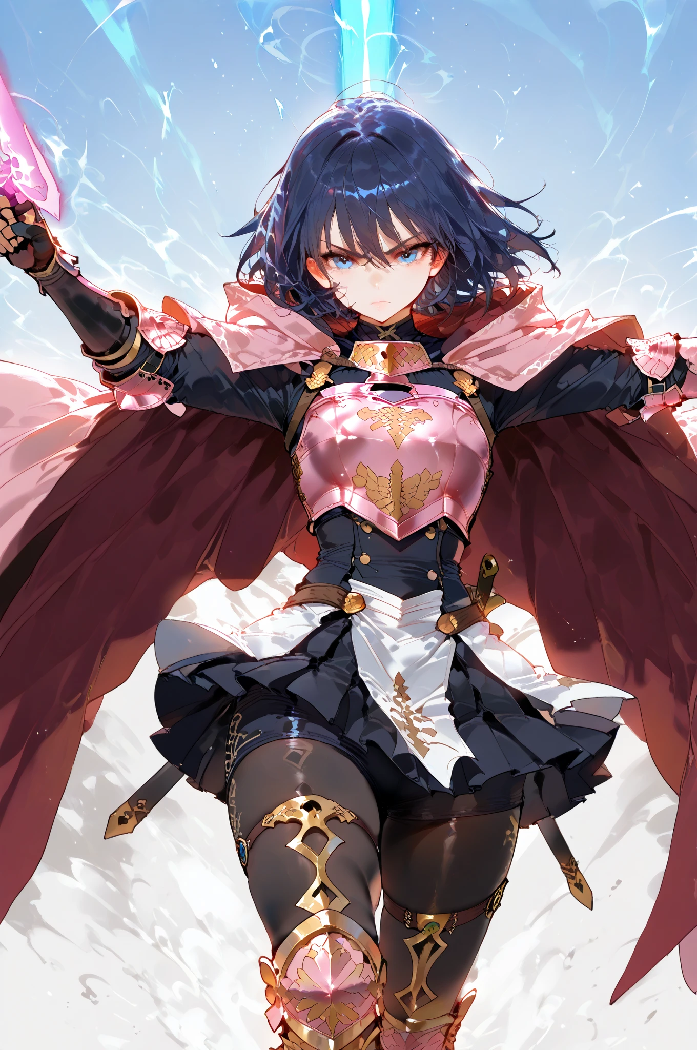 masterpiece,best quality, wizzard, short hair, red hair, ((twin tail)), red eyes, cloak, red_ornaments, staff, ((holding staff)), ((medium_tits)), exposed belly, 1girl, legs exposed, strikes, Perfect face, short skirt, knee socks, ((thick thighs)), (white background:1.5),add_detail:1, add_detail:0, add_detail:0.5