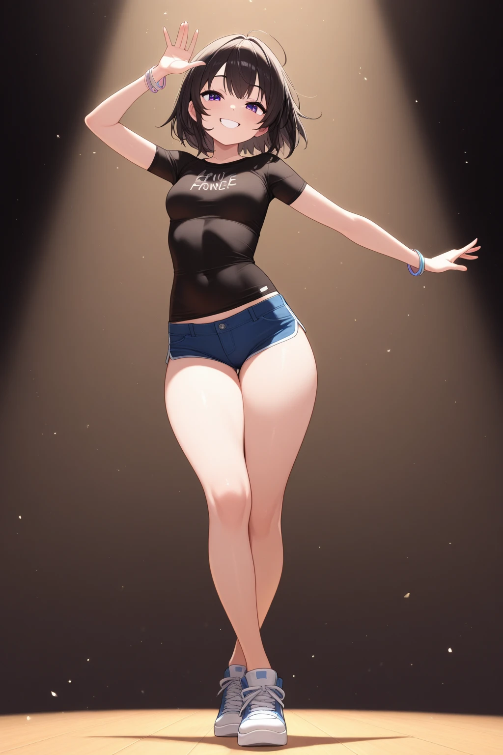 20 years old,1 girl, extremely thick thighs, hyperrealistic, 8k, (extremely detailed 8k), (very delicate and beautiful), (masterpiece), (better quality:1.0), (ultra high resolution:1.0), (masterpiece, best quality), cute,black hair,laugh with open mouth,jumping,gleaming skin,, short sleeve shirt
