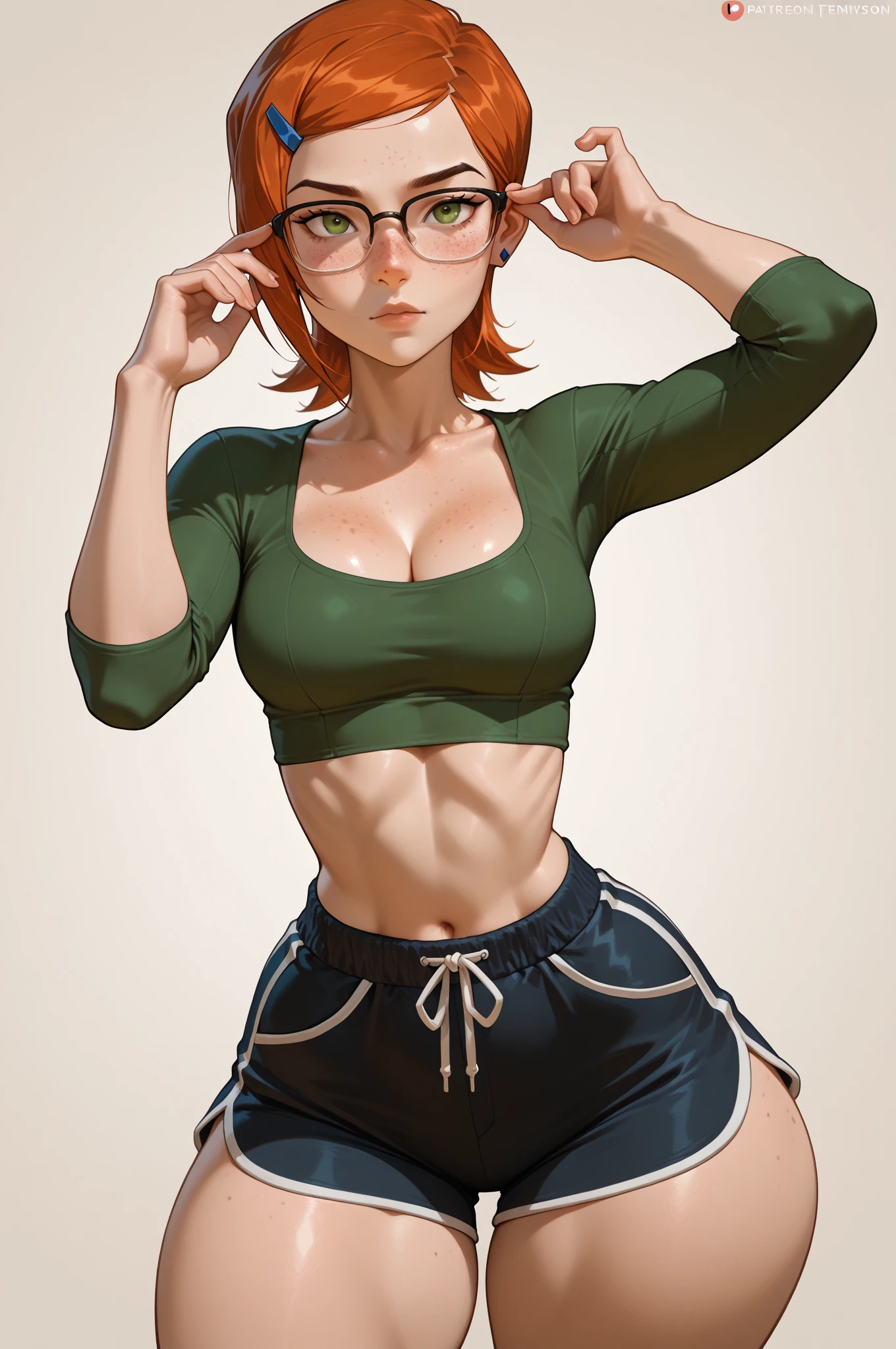 masterpiece, best quality, ultra detailed, 1 girl, ((((best quality)))), smiling, planting flowers, detailed colorful flowers, watering flowers, beautiful detailed sky, (((beautiful detailed cumulonimbus clouds))), ((((sunlight)))), looking at flowers, (spoken heart), heart, sweat, beautiful detailed water, teeth, ((narrow eyes)), ,(villain_racer:1.3), eyelashes, belly button, (glasses on head:1.3), fishnet stockings, fishnet pantyhose, gloves, (((defined abs muscle))), (((crop top))), choker, hair ornament, thigh strap, arm strap, stockings, (((unbuttoned shorts))), collarbone, (((hyper quality 32k))),