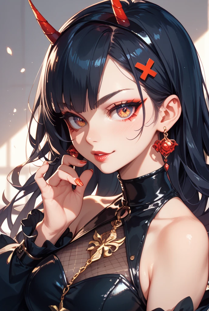 1girl, (masterpiece:1.2, best quality), black hair, red streaked hair, two-tone hair, dark bra, open jacket, (large breasts:1.3), ponytail, portrait, large breasts