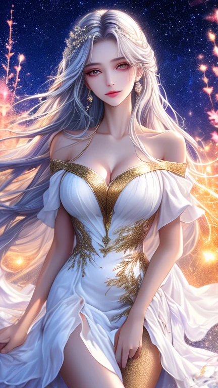 (masterpiece,Highest quality,High resolution,Super detailed,8K),woman,alone,,Official artwork,Greek Goddess,,whole body,Facing forward,Ample breasts,Beautiful valley,Silver blonde hair,,Medium Long、Hair is bunched back,(Beautiful Face,Beautiful Eyes,Blue Eyes,Beautiful nose,Beautiful lips),A look of kindness and compassion,Slender beauty,Looking at this,flower,bird,moon,jewelry,necklace,,White Dress,Sleeveless,Holding,Ancient images,Detailed configuration,background,,(Fractal Art:1.2),