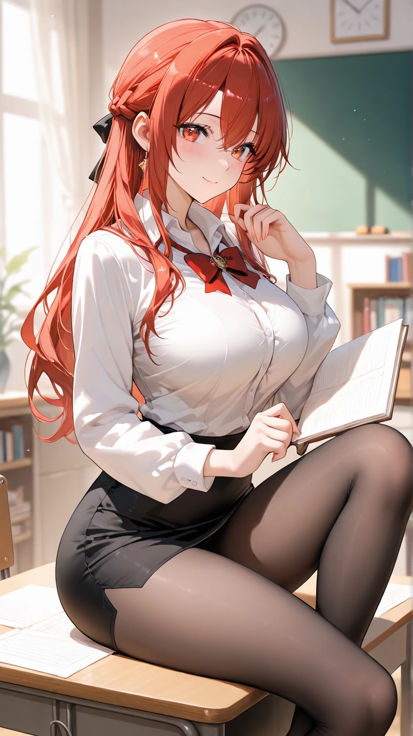 (masterpiece, best quality, ultra detailed, absurdness)1.5, 1girl Eris Boreas Greyrat (sexy, beautiful woman, perfect face, perfect eyes, perfect female body, huge breasts)1.5 (Japanese , skirt, brown shoes, long white socks, [knee socks thigh] loafers, long messy hair, big hair) (sitting on a desk, crossed legs, inside a classroom), perfect lighting, smooth