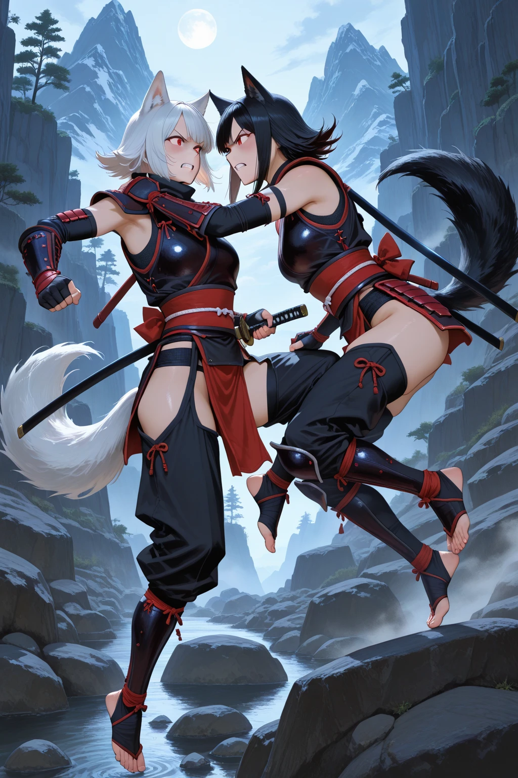 Full body shot of two female character from Dead or Alive game. Kasumi versus Ayame, fighting in a fierce duel death match, clashing with short swords. They have long loose hairstyle. They are wearing different color of sleeveless kimono, with a floral print skirt, an obi tied on back hip, a pair of 100% black thigh highs, black shoes, a pair of thin long black elbow gloves, hand guards, and a choker. Background set in a dark forest.