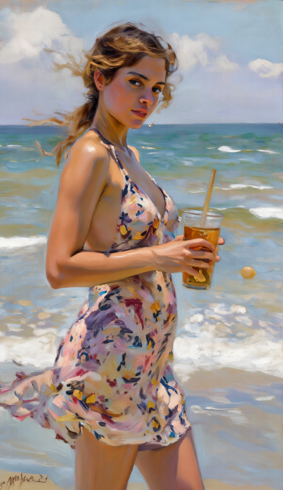 The image is a close-up shot of Olivia at a hidden beach cove, sipping on a glass of aged scotch while gazing at the distant horizon.,The White Lotus,Olivia, a character from “The White Lotus,” is 20 years old. She has a cool, composed exterior, marked by her stylish, casual beachwear and sharp, minimalist accessories that reflect her affluent background. She has a slender build with perfect big breasts and a gaze that often oscillates between disinterest and sharp observation, embodying a certain aloofness and sophistication beyond her years. , female