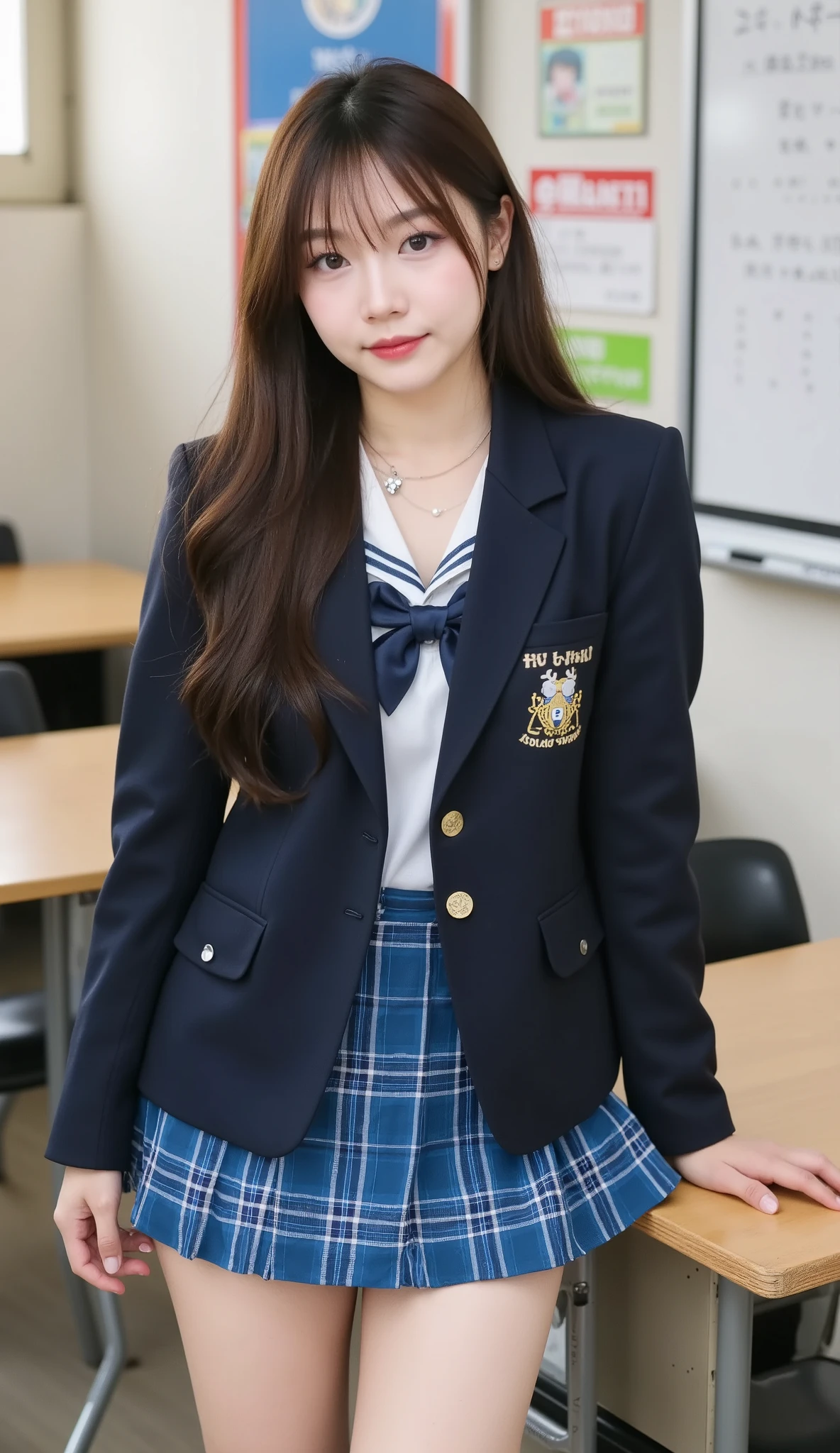Product quality, 1 girl, (well-proportion), ( taken from below : 1.4), ( Highlight Thighs: 1.4), a young and cute Japanese woman , daytime, ( high school classroom : 1.2), Women's uniform , blazer, ( Ultra Short Blue Plaid Micro Mini Skirt: 1.4), very cute face , glossy lips , beautiful big eyes, brown eyes , double eyelids , ( natural cosmetics), has double eyelids ,,,, asymmetrical bangs , floating hair nova frog style , [ imaging center, 8k resolution, Attention to Details , detailed hairstyle , detailed face , movie light , octane rendering from camera , ( anatomically correct ), super real , Perfect Body , Beautiful Legs, thick thighs , big breasted , perfect anatomy , (High School Student's Cheerful Pose : 1.4)
