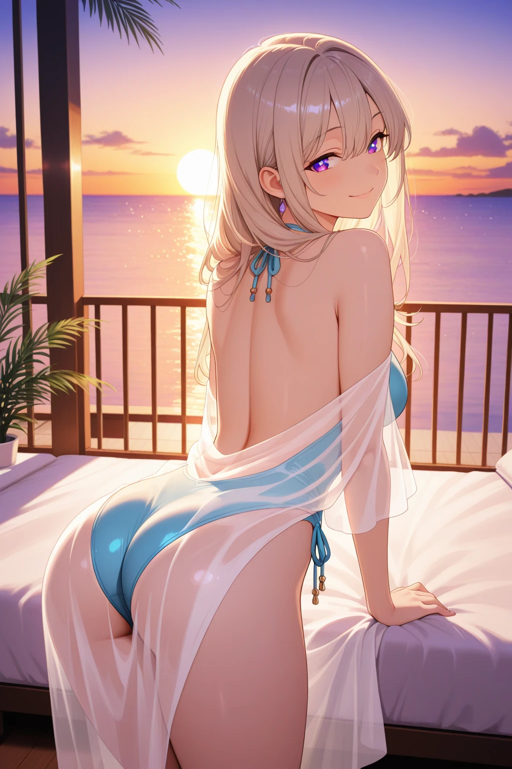 ultra-detailed, ((one girl)), ((tan skin:1.4)), in pastel colors gyaru, (heavy makeup), hyper detailed, absurdres, 8K, Beautiful Face,  (Laugh shyly), ((teasing smile)), ((sweat)), ((Wink:1.5)), (Laugh with your mouth wide open),((Tilt your face:1.6)), View your viewers, ((Bright red cheeks:1.6)),Glossy Red Lips, ((huge breasts:1.5)), ((undressing:1.2)),((Exposed nipples)), noon, summer, Terrace with sea view,Anime style background)),masterpiece, Highest quality, so beautiful,Latest, Complex details, ((Long neon pink nails)), (nail art), (ring),(bracelet), (Floral Choker),AI-generated, Complex,High resolution, Highest quality, super high quality,3D Images、3D Images,One person,Blonde long hair,(High Ponytail), (wavy hair:1.3), Blonde anime woman posing for a photo, ((Fine grain、blue eyes、glowing eyes:1.4)), (Squint your eyes:1.1),a hyperRealistic , hyperRealistic , Realistic,Anime woman with long pastel yellow hair, Smooth anime CG art, A girl in a gorgeous pastel-colored kimono,  ((Pastel-colored furisode)),(Pink large floral pattern), Long flower hair ornament,big hoop earrings, Mature Body, Big Hips, tall,Narrow waist, on bench, ((from behind:1.5)), ((all fours:1.2)), (twisted torso:1.3), ((Stick your ass out)),(hip focus),