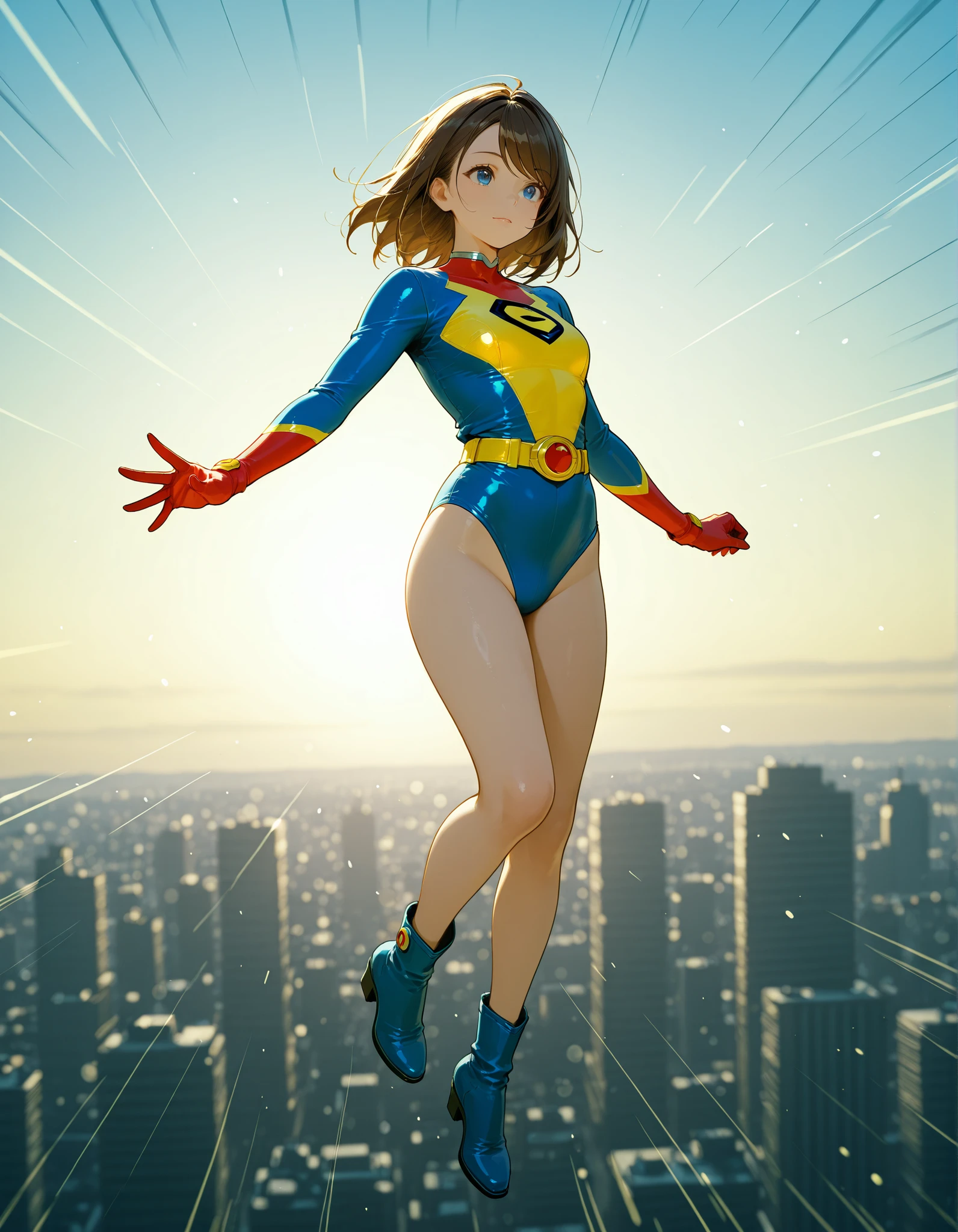 ((best quality)), ((masterpiece)), ((ultra realistic)), (dynamic heroic pose), solo, solo focus, american lady, beautiful detailed face, detailed eyes, sexy superhero, ((dressed in a red leotard with blue accents)), new york city backdrop, highly detailed, professional, bare legs, full body), \standing, ((brown hair, medium hair)), green eyes, matching boots, yellow boots, ((long sleeves, yellow cuffs)), yellow hawk-shaped crest on chest, cowboy shot, (perfect hands), full body with costume. she spins at an incredible speed, creating a whirlwind of air around her, spiral lines around, curved sword slash