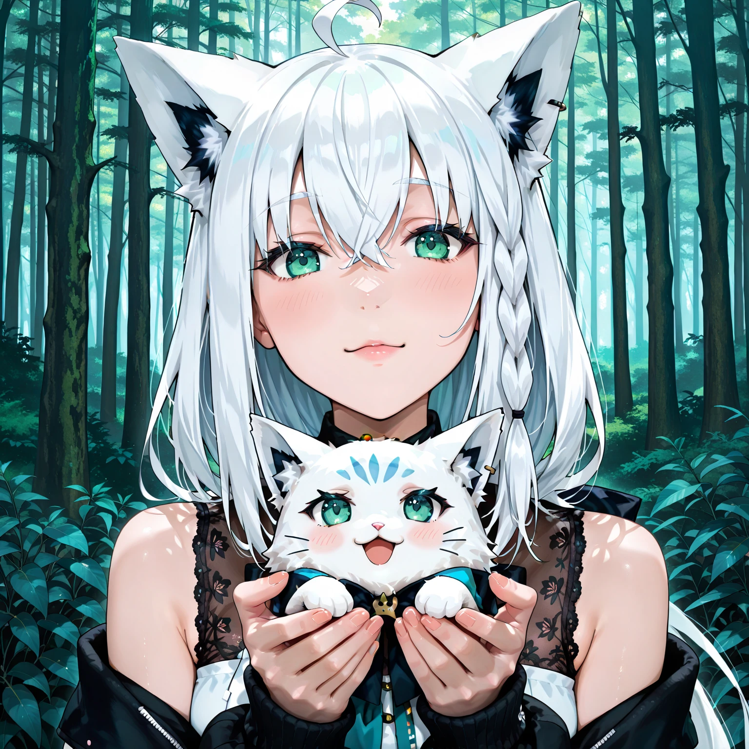 "Shirakami Fubuki" is holding a cute kitten and looking at us,
forest background