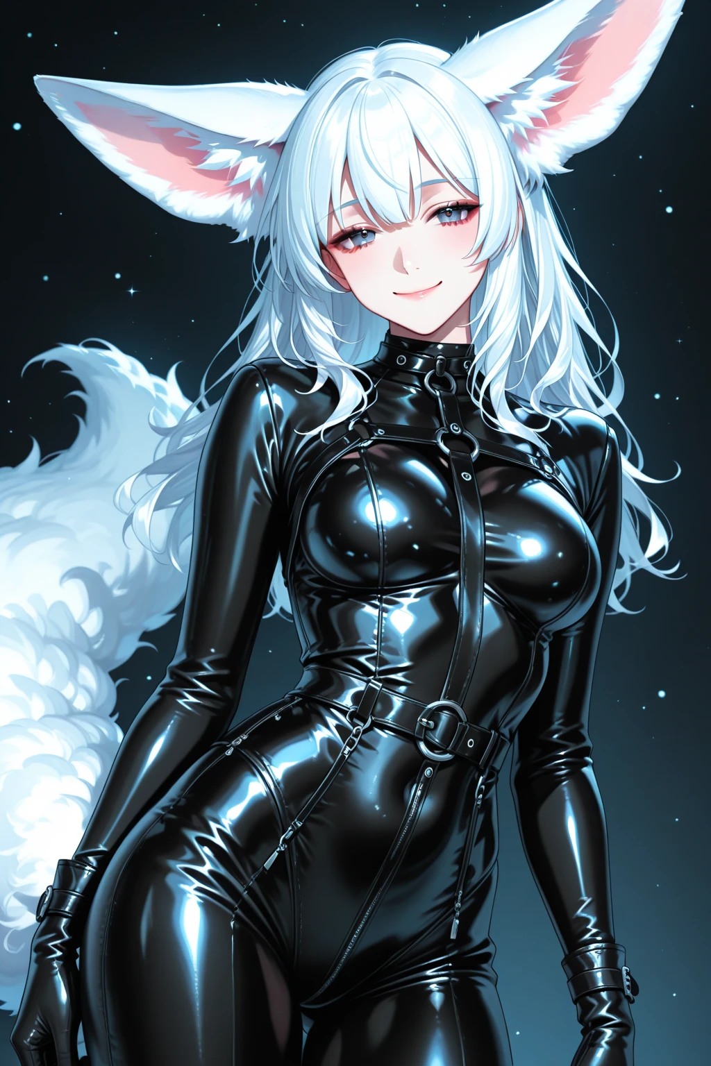 Draw a cute girl with silver hair, cat eyes, cat ears, purple clothes, and big breasts.。The hair is smooth and straight
