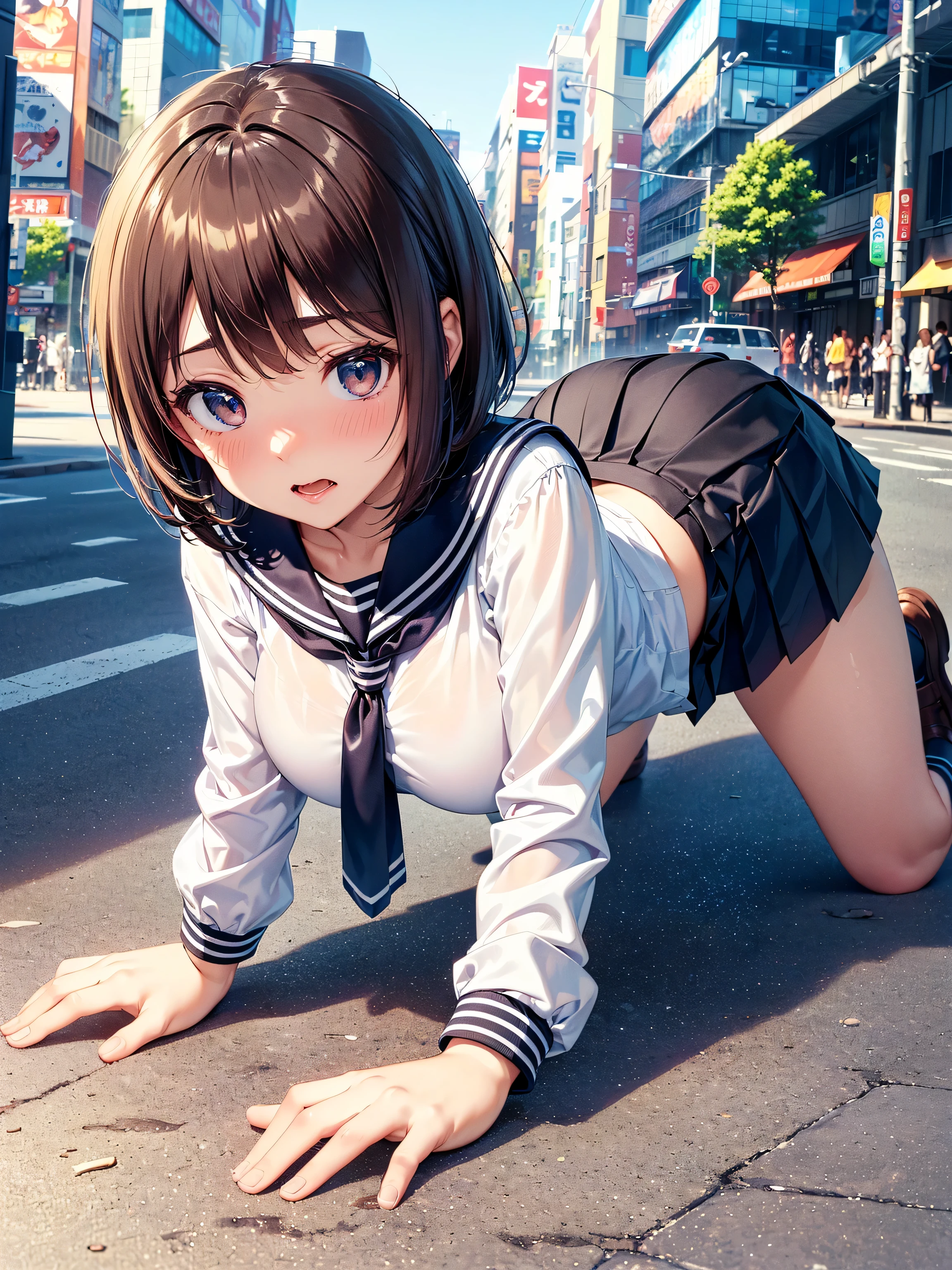 (((masterpiece, highest quality, High resolution, 超High resolution, Perfect Pixel, Depth of written boundary, 4K, RTTX 10.0))), Beautiful Anime Woman, Beautiful art style, Anime characters, ((Smooth texture, Realistic texture, Anime CG Style)), Exact finger count、Exact number of legs、(Exact number of arms:1.0, Exact number of hands:1.0), (Perfect hands, Perfect Anatomy), Cinematic, Realistic, Extremely detailed CG, Daytime lighting, Perfect lighting, Best Shadow, The best natural light, whole body, Perfect body, (Slender body:1.2), ((Long Hair, bangs, Dark brown hair, Stylish hairstyle, Bobcut)), (An adult woman is on all fours, looking at the camera with her mouth open., Angle from above right front:1.4), (Fashionable white shirt, Sailor collar, Navy blue knee socks, loafers, Navy pleated mini skirt:1.3), (Beautiful and big breasts:1.2), (Beautiful and thin thighs:1.3), Feeling embarrassed, (blush:1.2), (Very embarrassed look:1.4), (sexual pleasure expression:1.4), (A patient expression:1.2), close your eyes, Mouth half open, (City hustle and bustle, Buildings on the background, Sidewalk, Intersection in the background, Akihabara-like streetscape, Many people dressed in clothes in the background々:1.4), (cum on face:1.3)