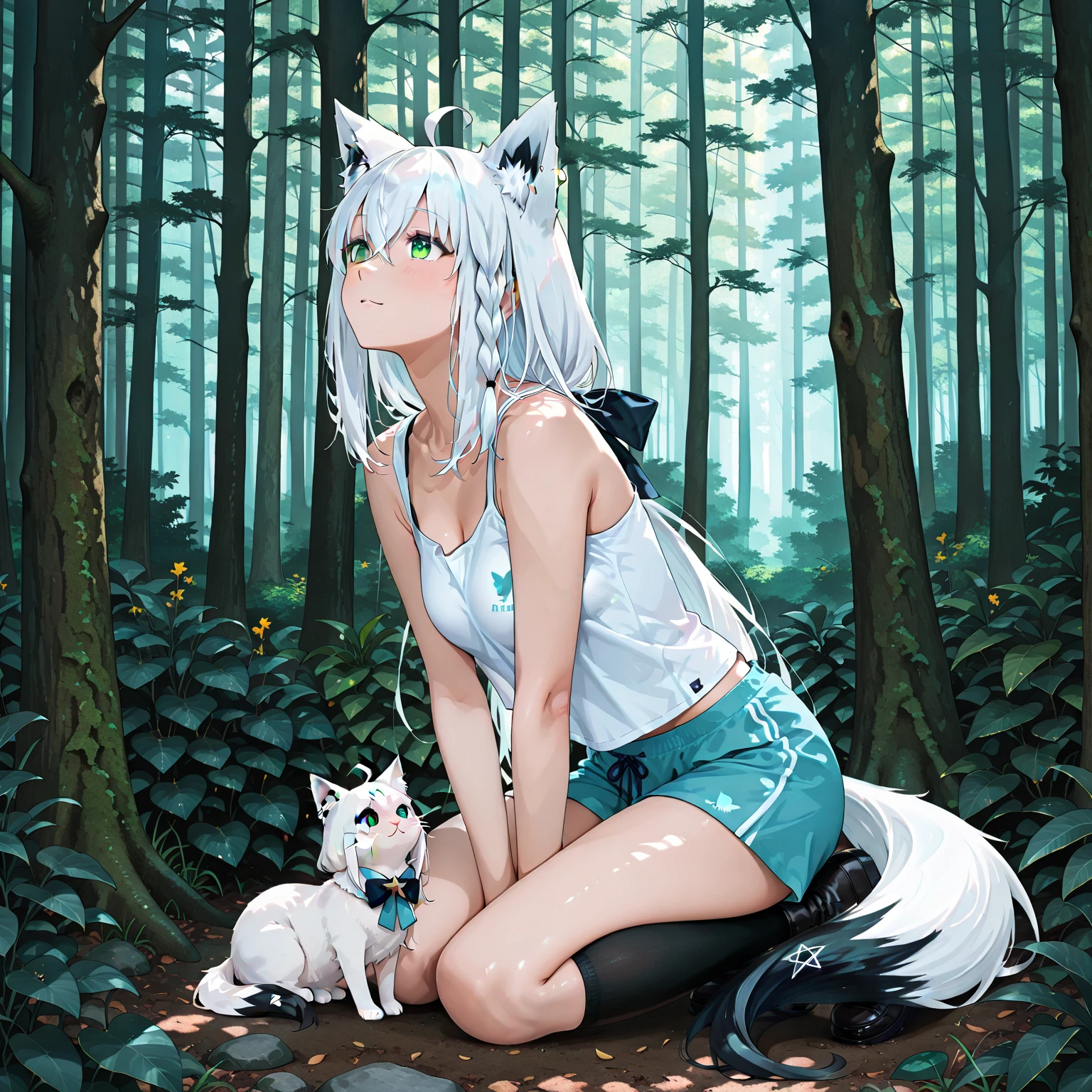 "Shirakami Fubuki" is holding a cute kitten and looking at us,
forest background