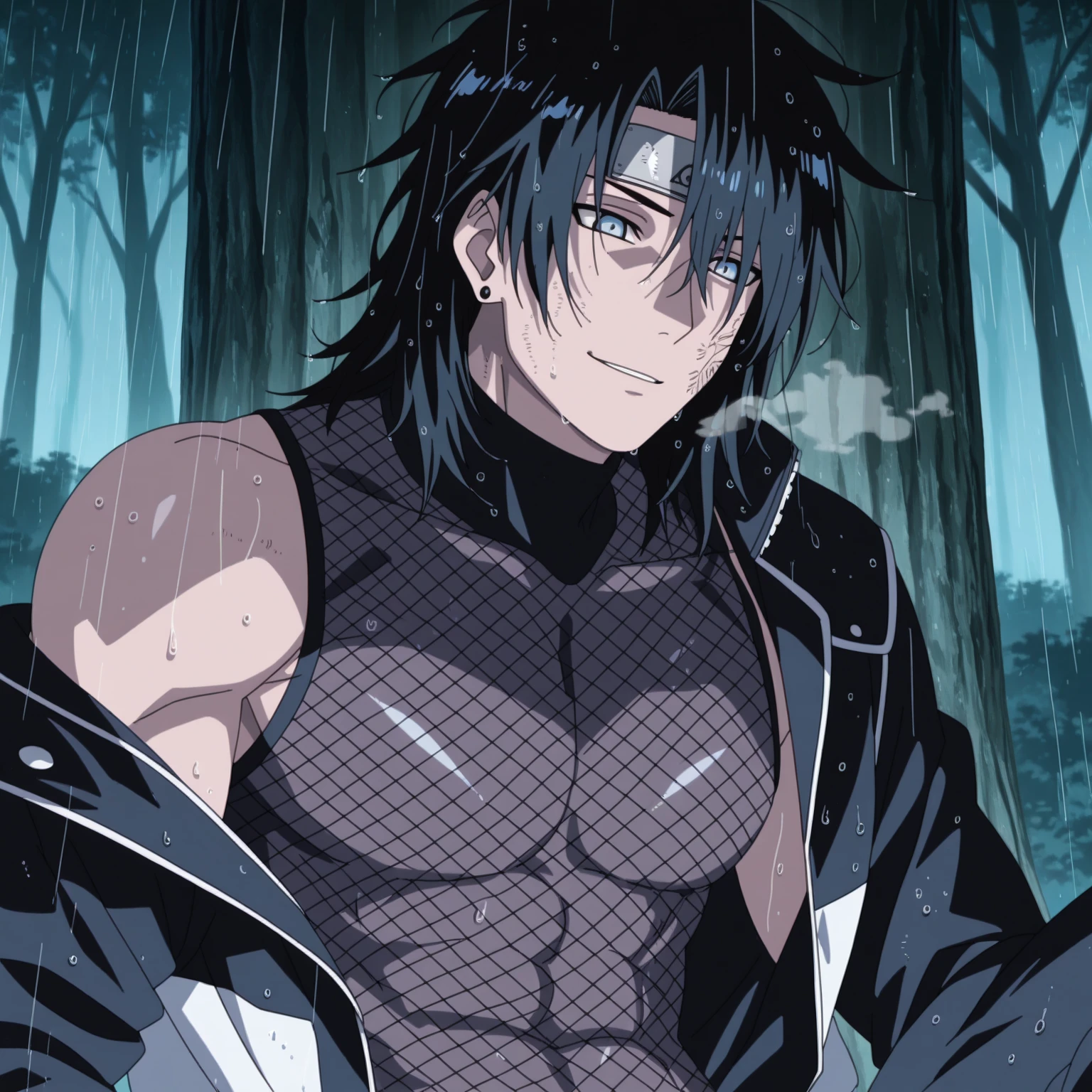 Sasuke Boruto, masculine male, muscular male, black hair, large pectorals, blue cape, solo, outdoors, rain, neo city, red eyes, volumetric lighting, best quality, masterpiece, intricate details, tonemapping, sharp focus, hyper detailed, realistic,